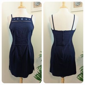 All That Jazz Vintage Floral Embroidered Square Neck Mini Dress Navy Blue 12